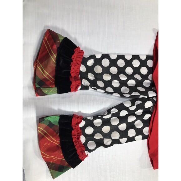 Rare Too Xmas Outfit Girls 3t Polka Dot Plaid Pant Red Top Reindeer Ruffle Hems - Picture 2 of 6
